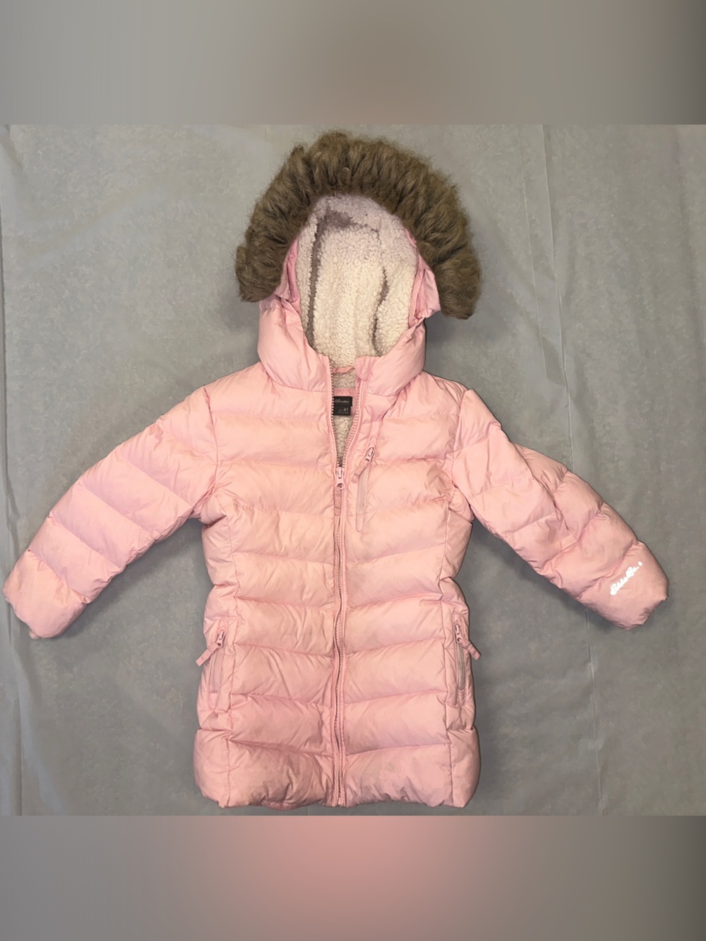 Eddie Bauer Light Pink Hooded Puffer Coat with Faux Fur Trim